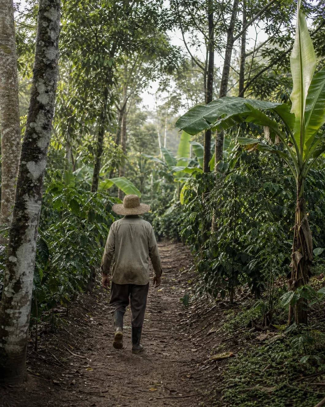 A worker walking a trail through an agroforestry plot in Brazil